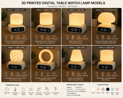 A 3x3 grid infographic showcasing eight different 3D printed digital table watch lamp models (Model 1 to Model 7 with additional twist, ring, and cone designs), complete with feature icons and a color options legend at the bottom.