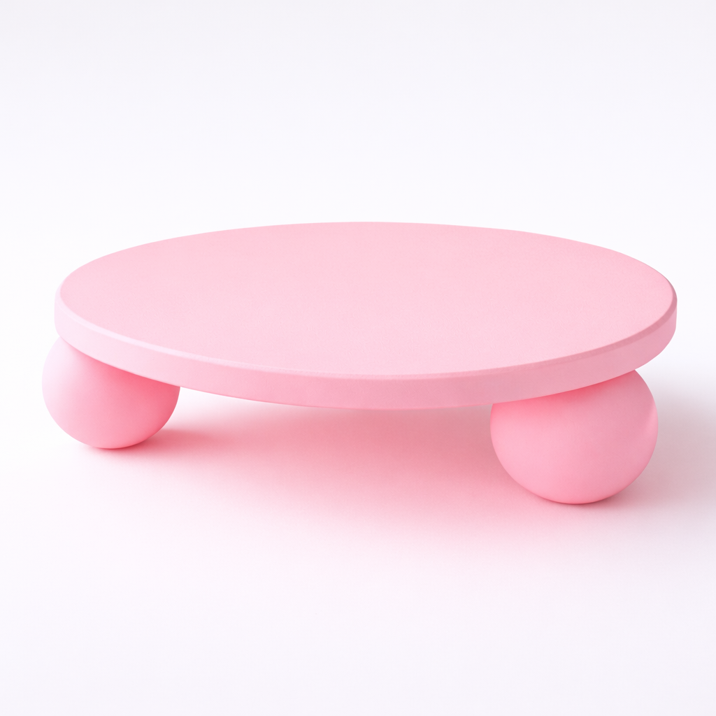 Pink round stool with three small legs on a white background