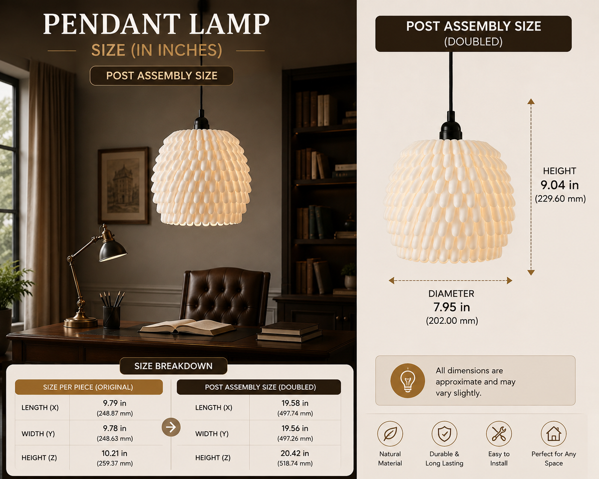 A size guide infographic for a pendant lamp, showing the lamp hanging in a styled room scene on the left and dimension callouts on the right. The lamp has a woven natural wood shade, a black cord, and a black canopy.
