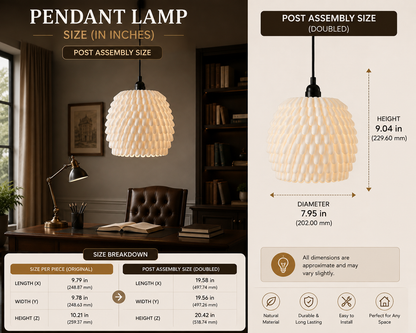 A size guide infographic for a pendant lamp, showing the lamp hanging in a styled room scene on the left and dimension callouts on the right. The lamp has a woven natural wood shade, a black cord, and a black canopy.