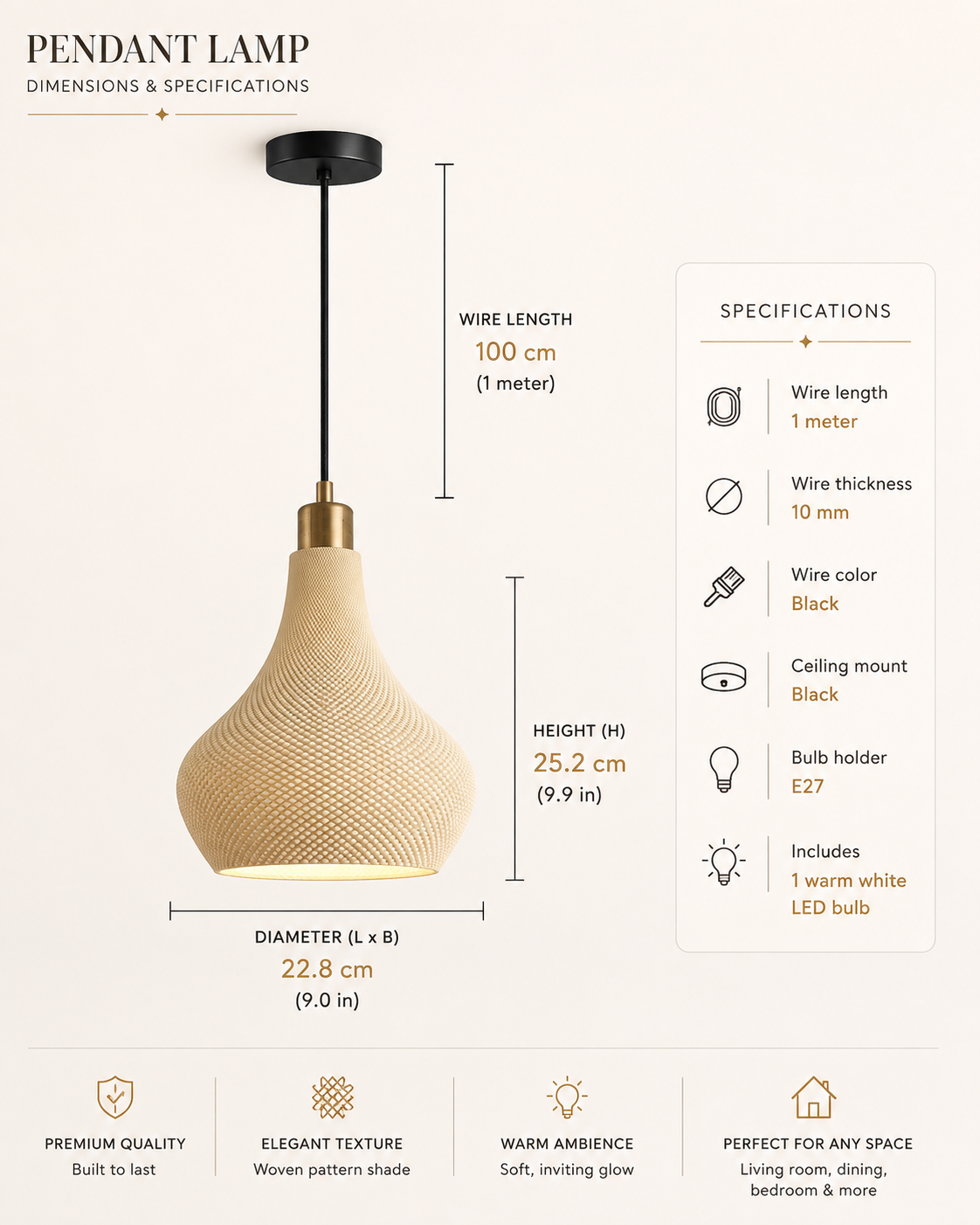 A pendant lamp shade and hanging hardware shown with labeled dimensions and specifications on a light beige background. The lamp has a woven natural-fiber shade in warm beige/tan, a black ceiling mount and wire, and a small brass/gold-toned collar.