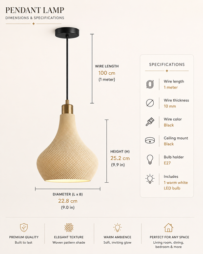 A pendant lamp shade and hanging hardware shown with labeled dimensions and specifications on a light beige background. The lamp has a woven natural-fiber shade in warm beige/tan, a black ceiling mount and wire, and a small brass/gold-toned collar.