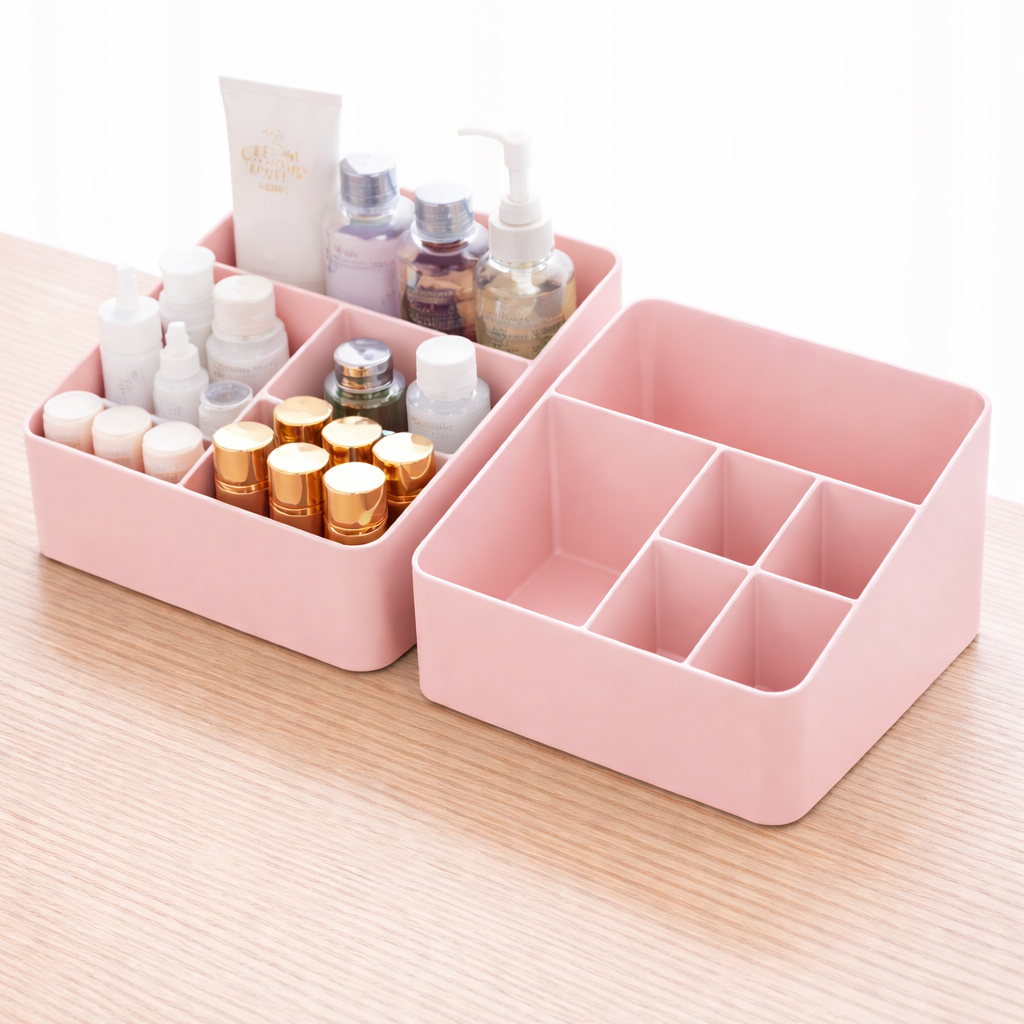 Pink cosmetic organizer with various small bottles on a light wooden surface.
