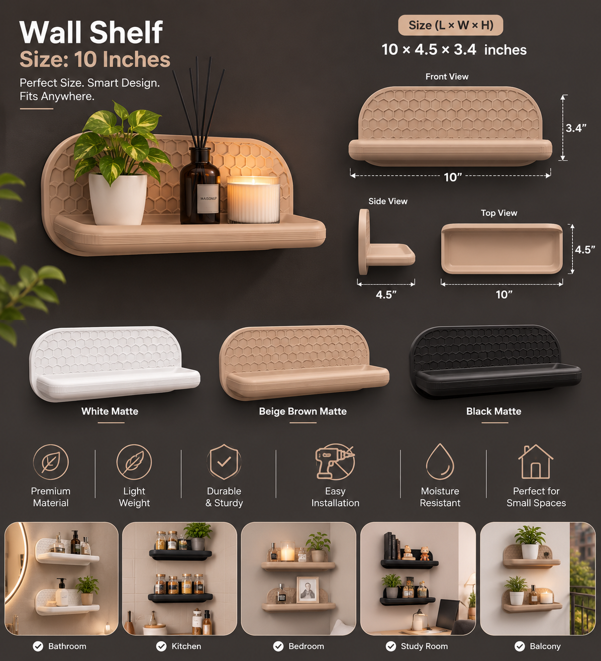 Bathroom wall shelf used as skincare organizer near vanity