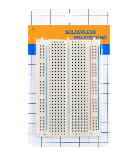 Solderless breadboard with grid lines on a white background