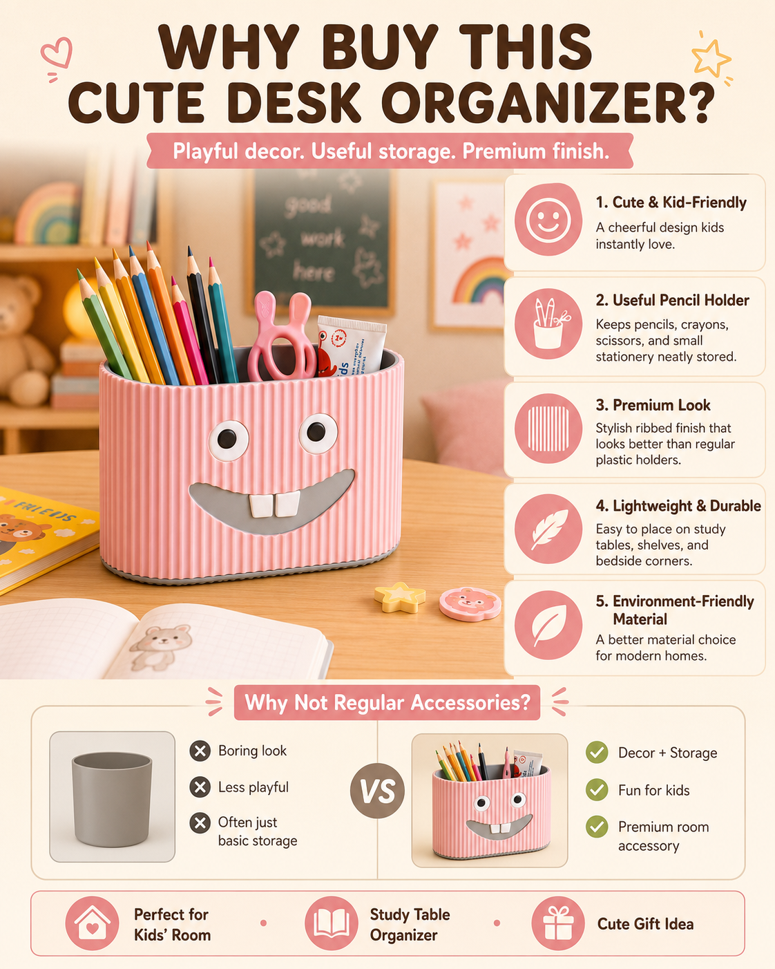 Multi-purpose smiley organizer for kids study table, bathroom counter, pencils and toothbrushes