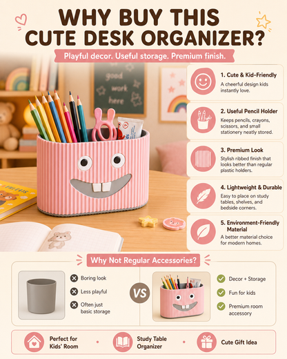 Multi-purpose smiley organizer for kids study table, bathroom counter, pencils and toothbrushes