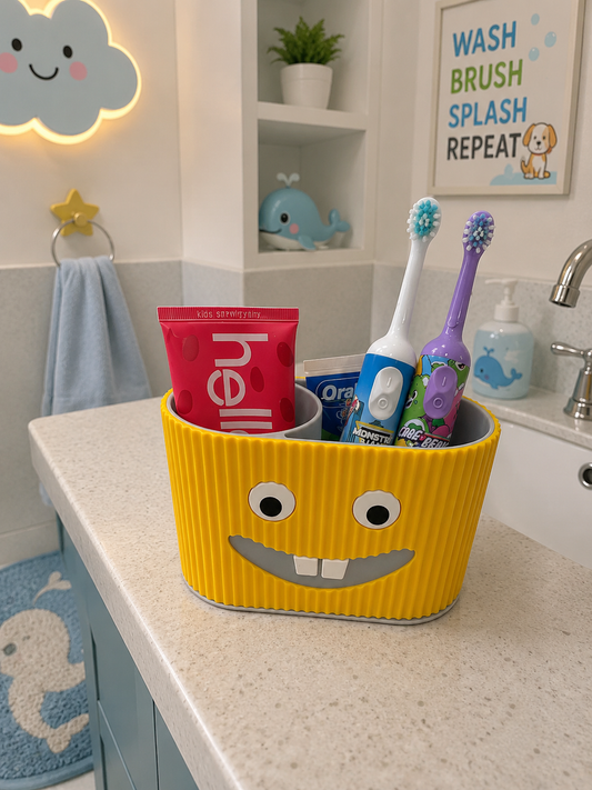 Smiley face toothbrush stand in bright colour for kids washroom and vanity counter
