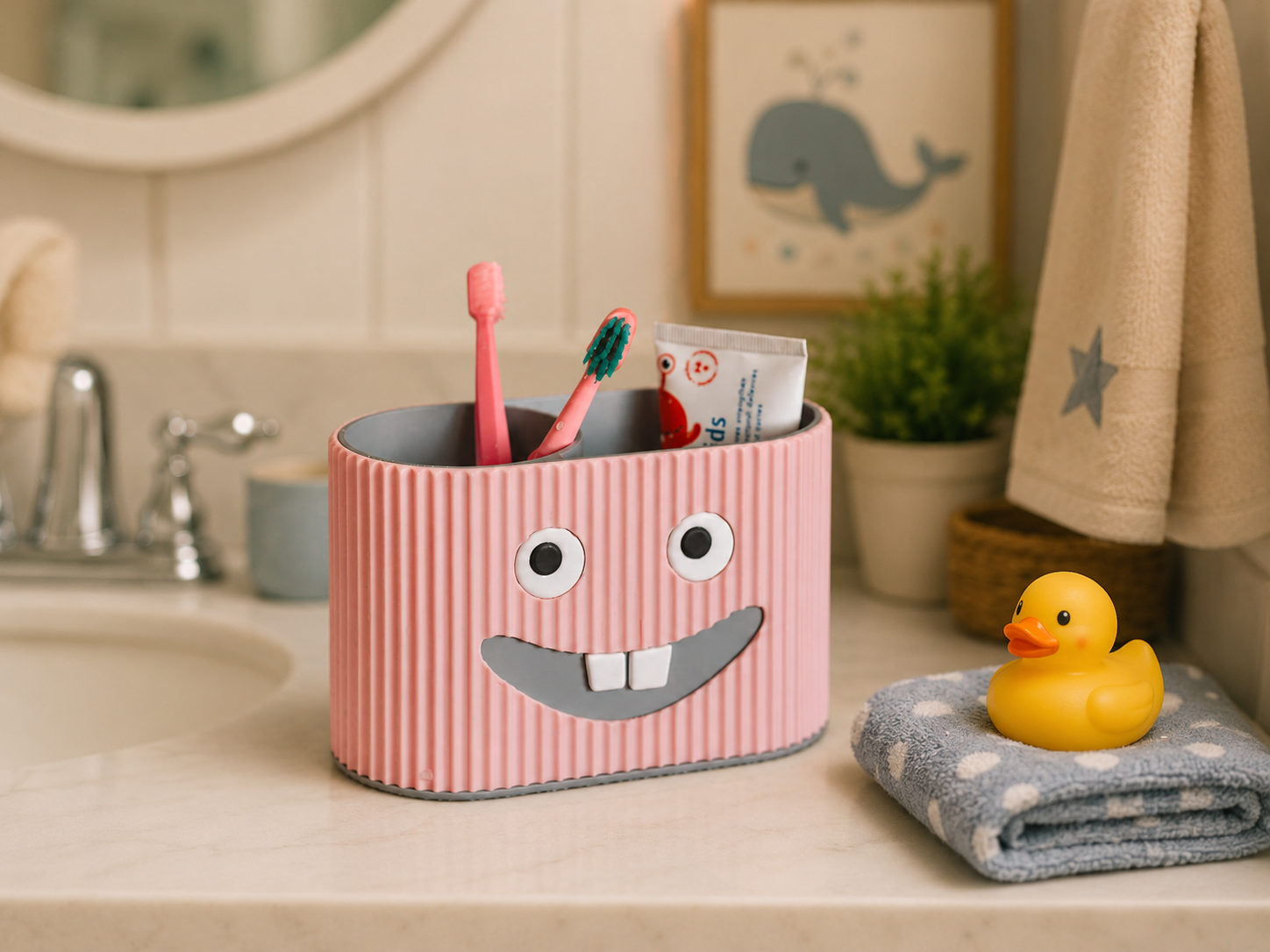 Smiley kids toothbrush holder with cute face design for children’s bathroom counter and washroom decor