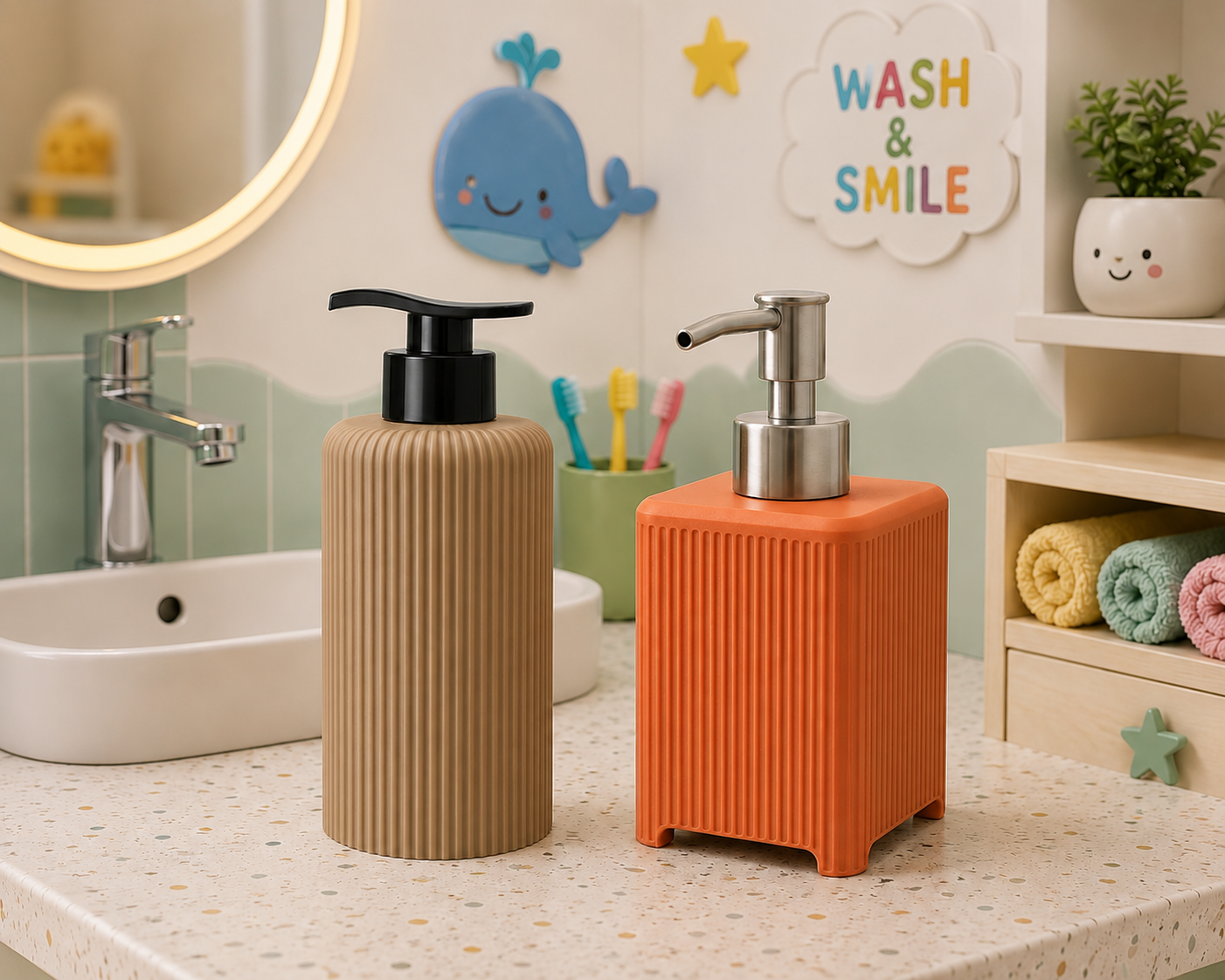 Two ribbed bathroom dispensers on a speckled countertop in a styled bathroom setting. The left dispenser is beige with a black pump, and the right dispenser is orange with a silver pump.