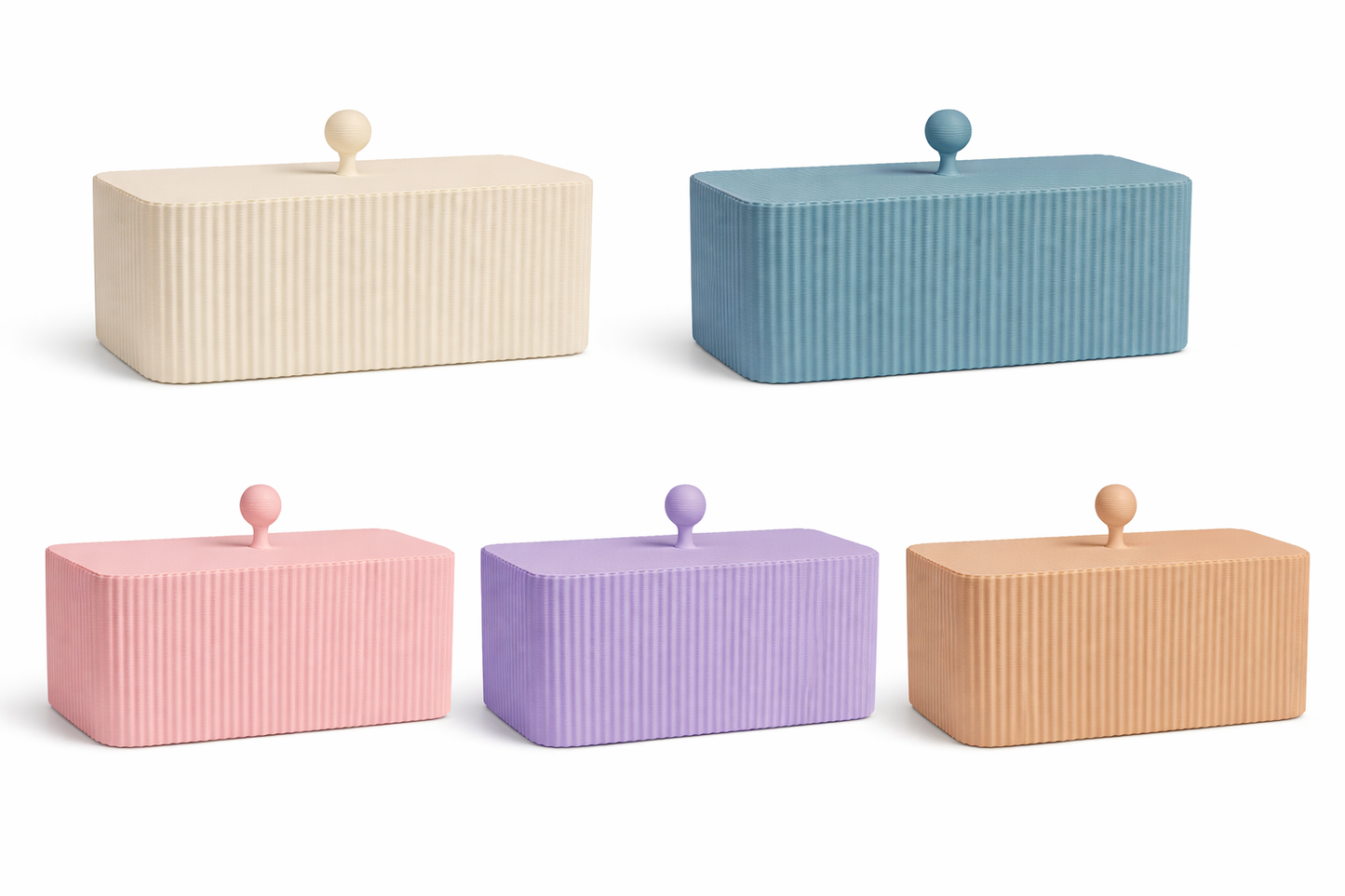 Set of five rectangular boxes with ribbed texture and dome-shaped lids in pastel colors on a white background.