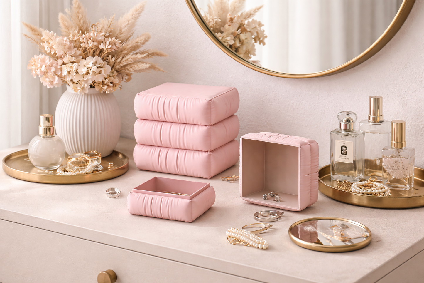 Pink towels and accessories on a dresser with a mirror and decorative items.