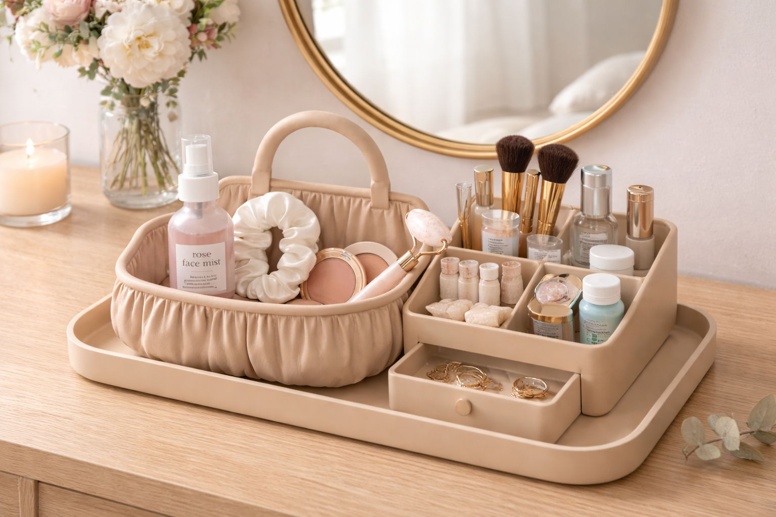 Makeup and skincare products on a wooden vanity with a mirror and decorative elements.