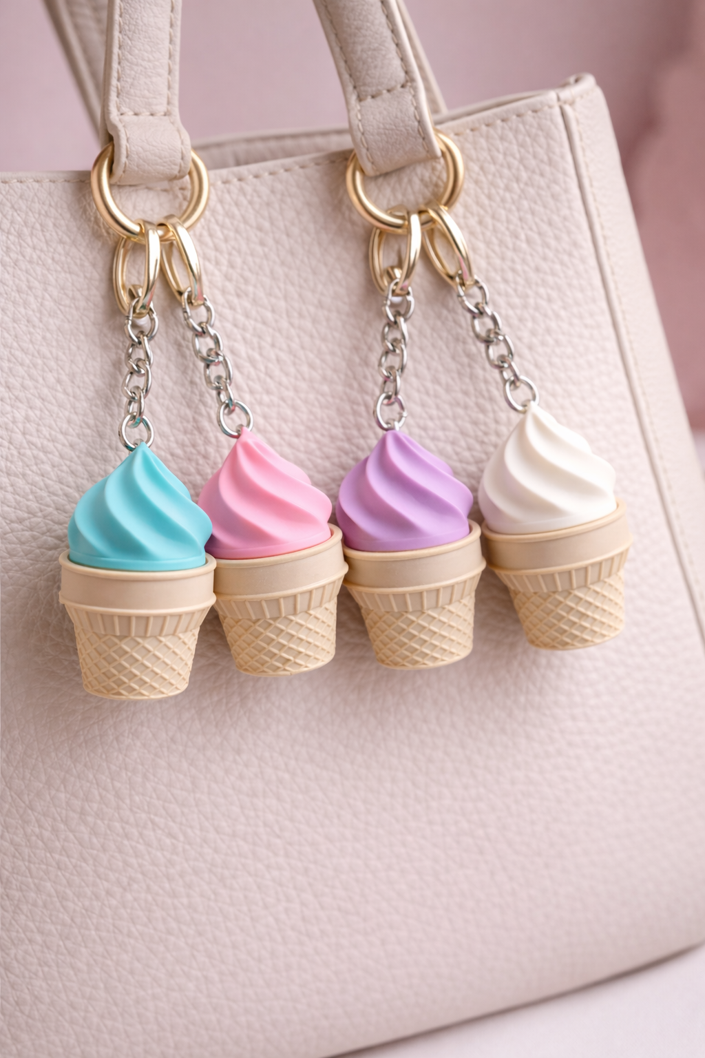 Ice cream cone keychains on a beige handbag with a pink background