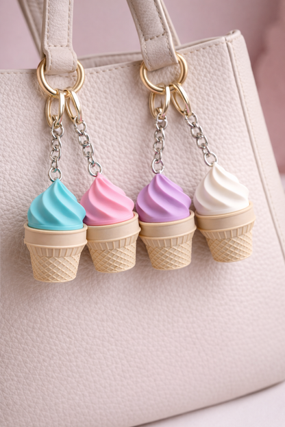 Ice cream cone keychains on a beige handbag with a pink background