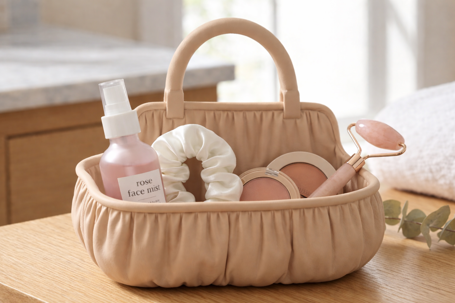 Cosmetic basket with skincare products on a wooden surface