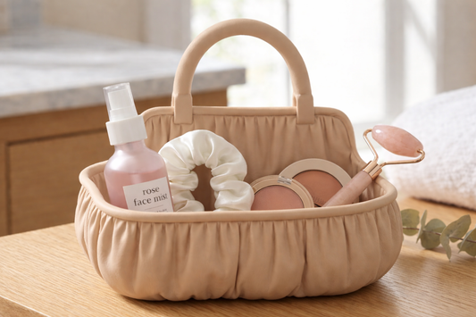 Cosmetic basket with skincare products on a wooden surface
