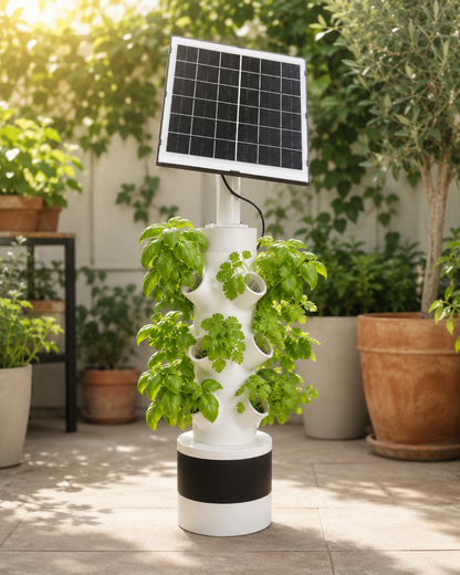 Solar-powered vertical garden with plants in an outdoor setting