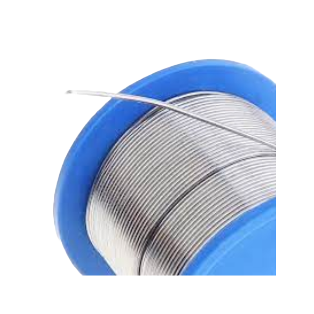 Spool of solder wire with blue casing on a white background