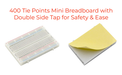 Mini breadboard with double side tap for safety and ease on a white background
