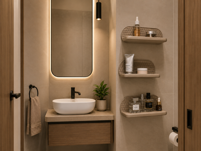 Space saving wall mounted shelf for small bathroom storage