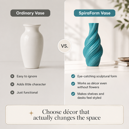 A promotional comparison graphic showing two vases: an ordinary plain white vase on the left and a sculptural spiral teal vase on the right, with text comparing their impact on a space. The right vase is labeled 'SpiraForm Vase' and the left vase 'Ordinary Vase'.