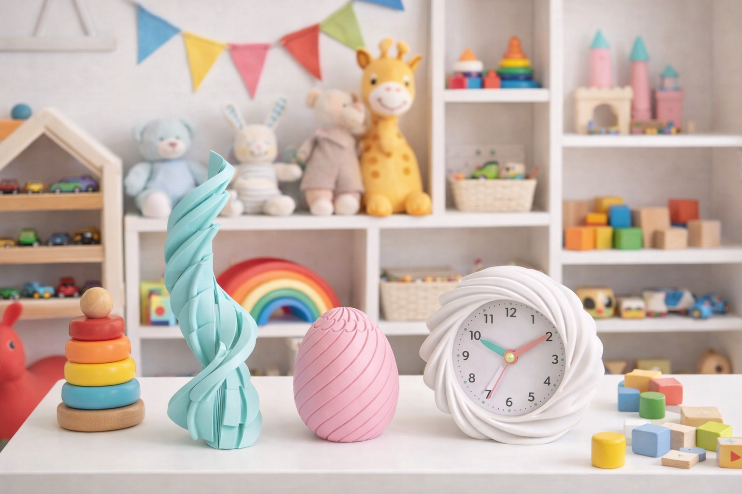 Children's toys and decorative items on a shelf with colorful flags in the background