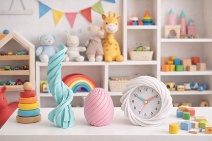 Children's toys and decorative items on a shelf with colorful flags in the background