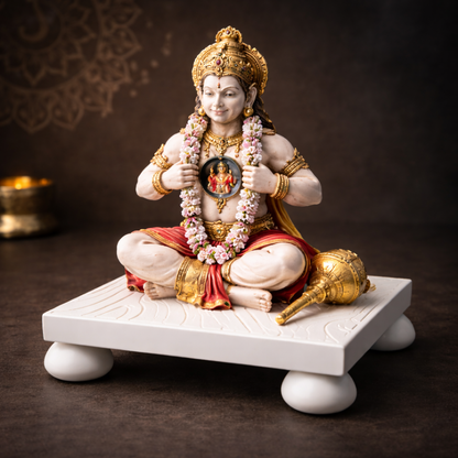 Statue of a seated deity on a white platform with a dark background