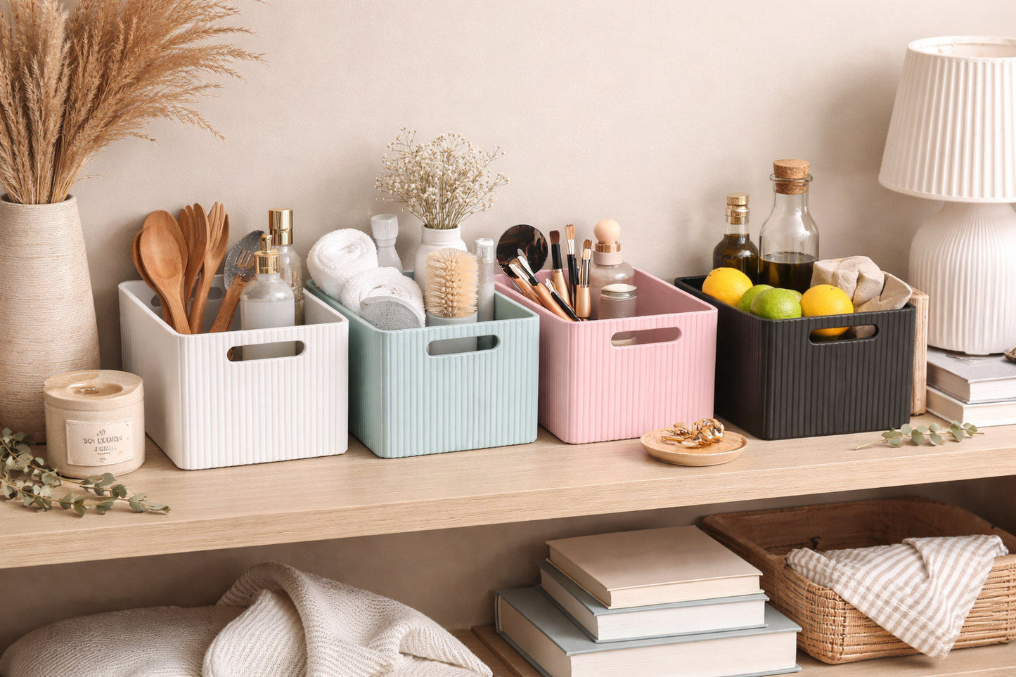 Decorative shelf with storage bins, candles, and home decor items.