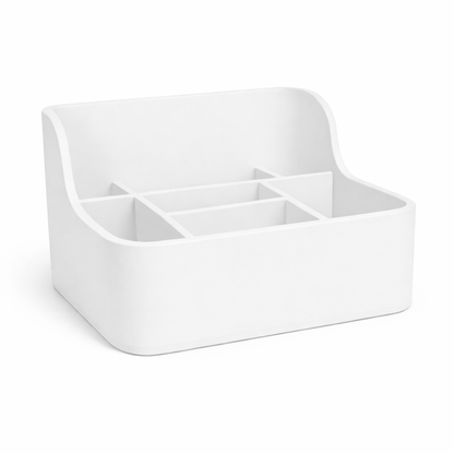 White desk organizer with multiple compartments on a white background