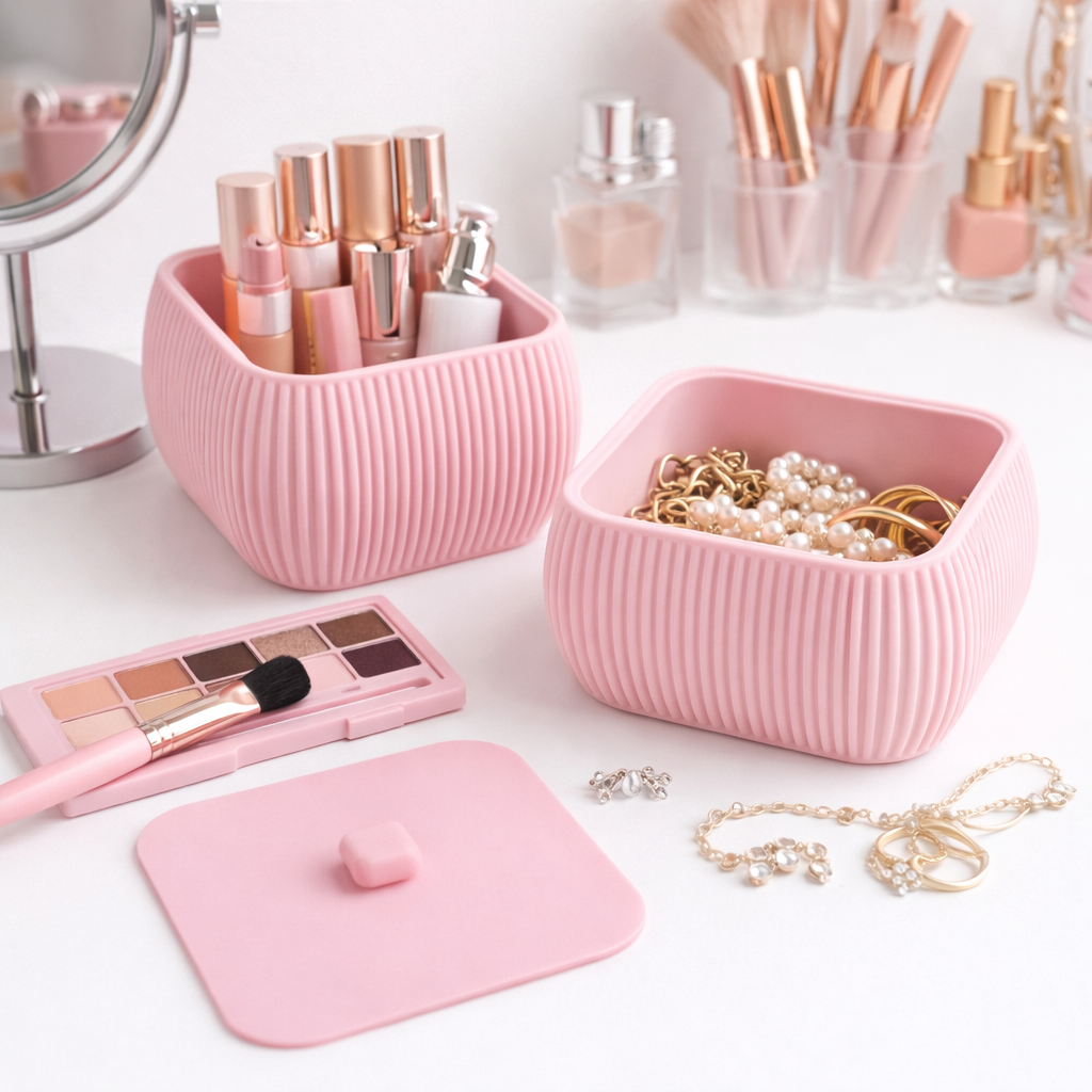 Pink cosmetic containers with makeup and jewelry on a white surface