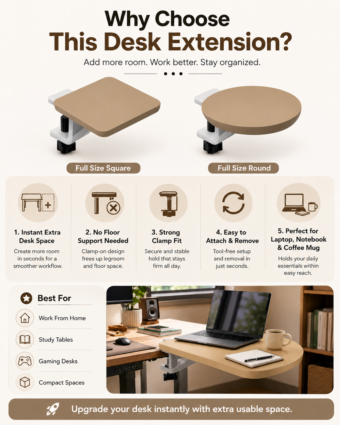 Study table extension side shelf with round beige brown surface for students and home office use
