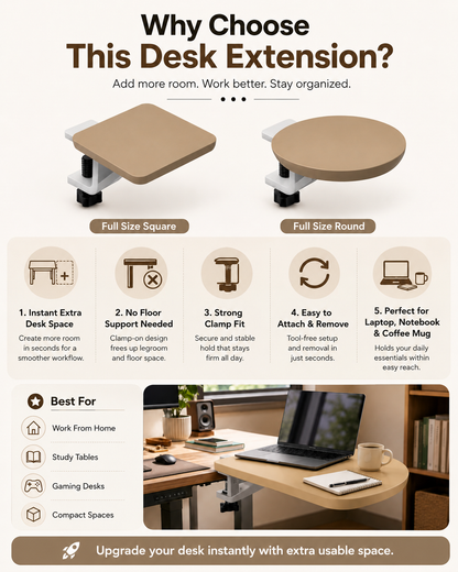 Study table extension side shelf with round beige brown surface for students and home office use