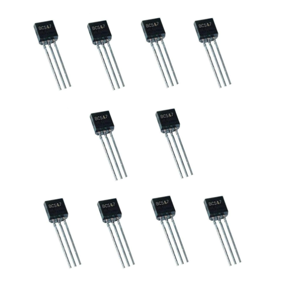 Ten BC547 transistors on a white background