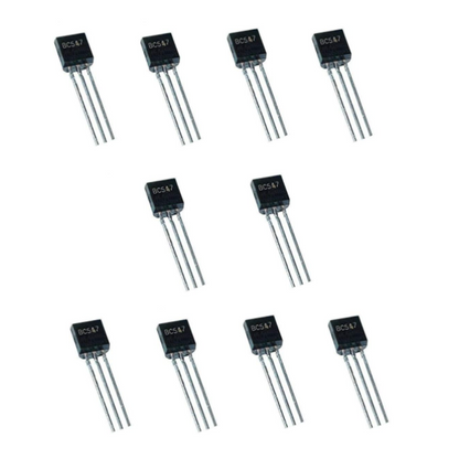 Ten BC547 transistors on a white background