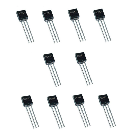Ten BC547 transistors on a white background