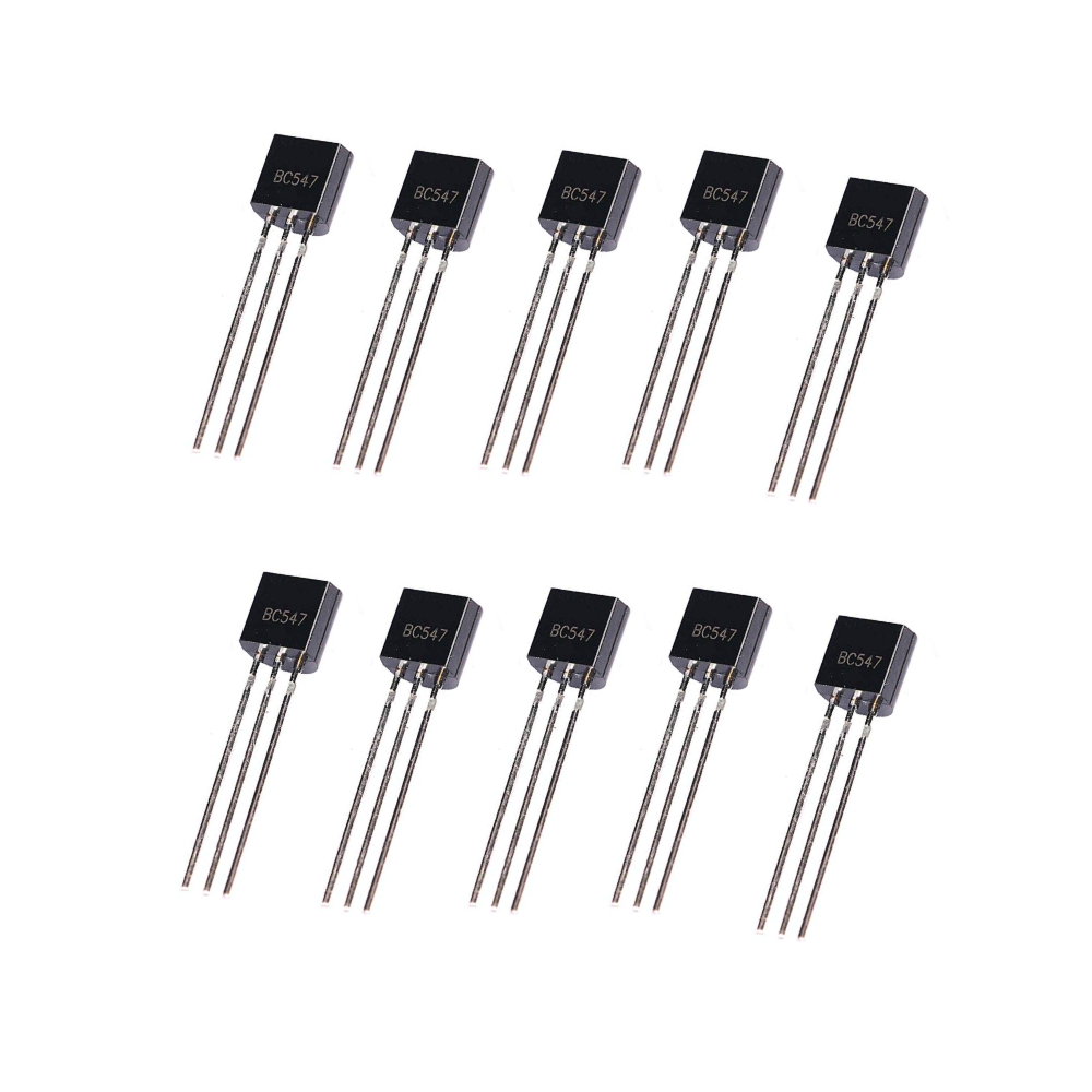 Twelve BC547 transistors on a white background