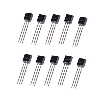 Twelve BC547 transistors on a white background