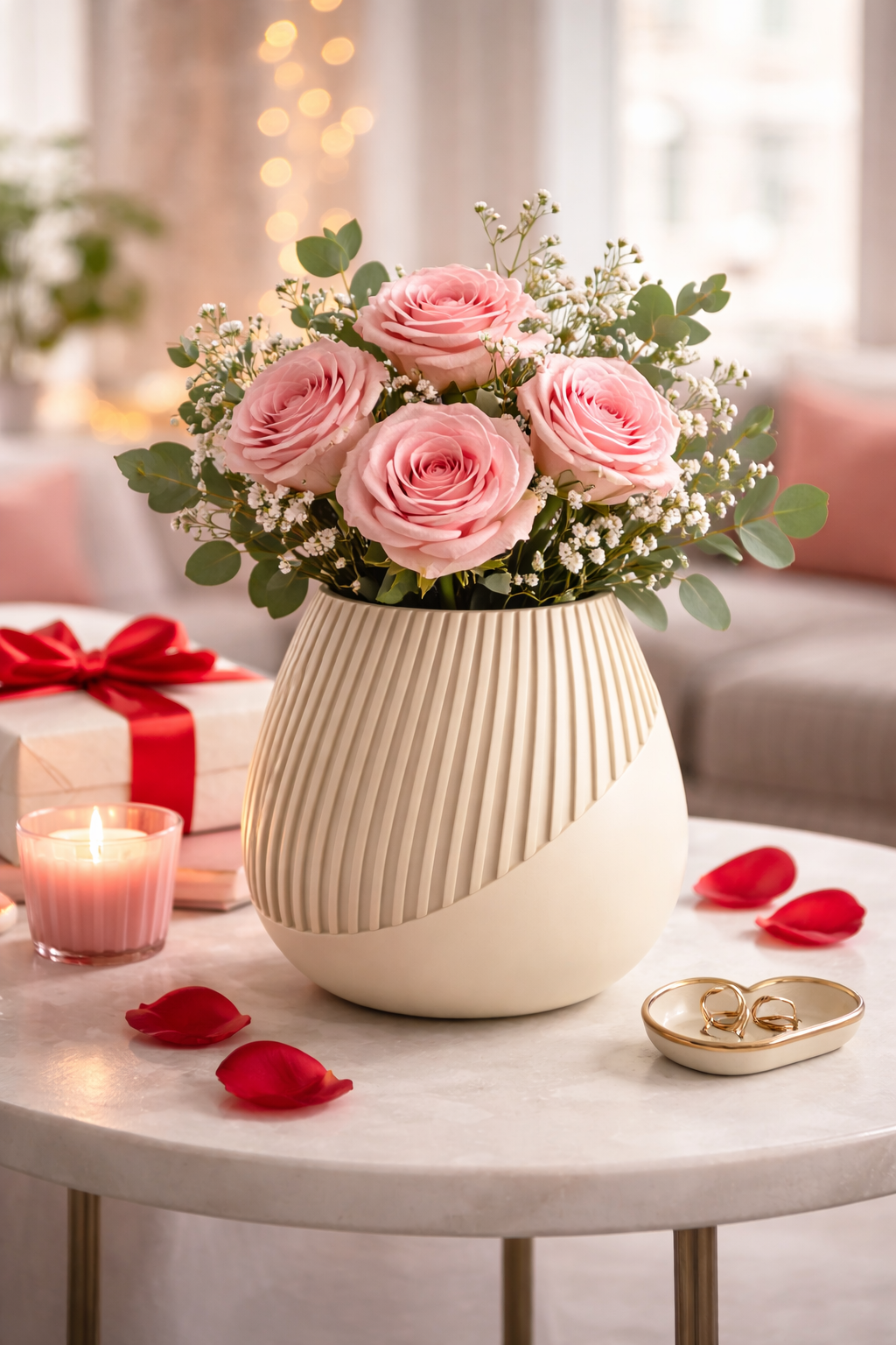 Bouquet of pink roses in a white vase on a table with candles and rose petals.