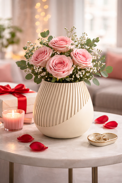 Bouquet of pink roses in a white vase on a table with candles and rose petals.