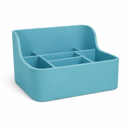 Blue desk organizer with multiple compartments on a white background