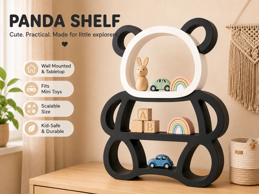 Black and white panda-shaped wooden shelf with toys displayed inside, shown on a tabletop in a styled room setting with text callouts on the left.