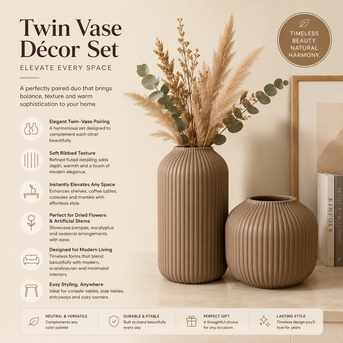 A twin vase decor set featuring two ribbed ceramic vases in a warm beige and brown tone, styled with dried pampas grass and eucalyptus stems, presented on a matching beige background with descriptive text and icons.