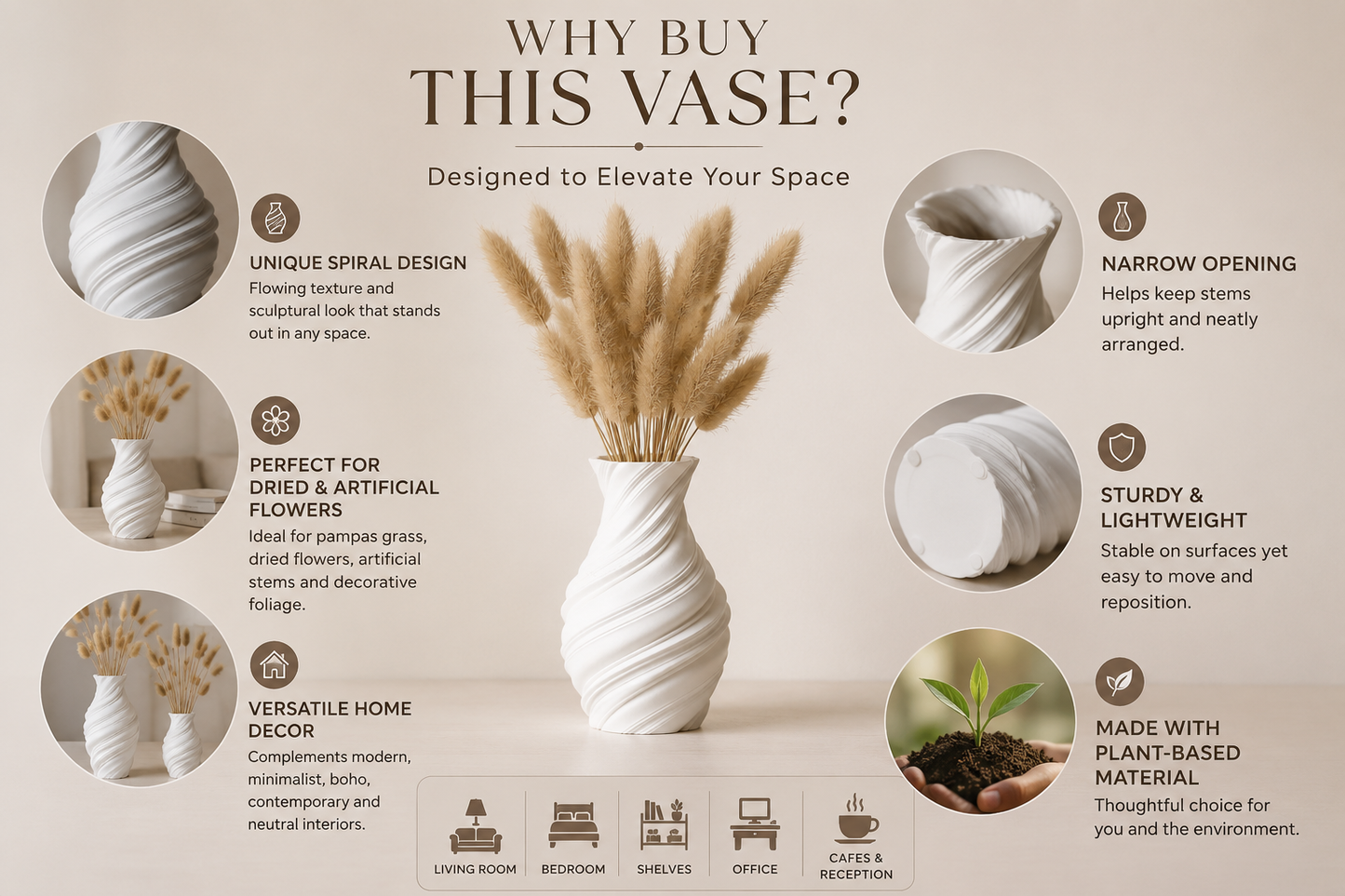 An infographic banner titled 'WHY BUY THIS VASE?' with a beige background, featuring a white spiral-wrapped ceramic vase with dried wheat stems inside. The graphic includes six circular inset images with text callouts highlighting the vase's unique spiral design, suitability for dried flowers, stability, and eco-friendly plant-based material.