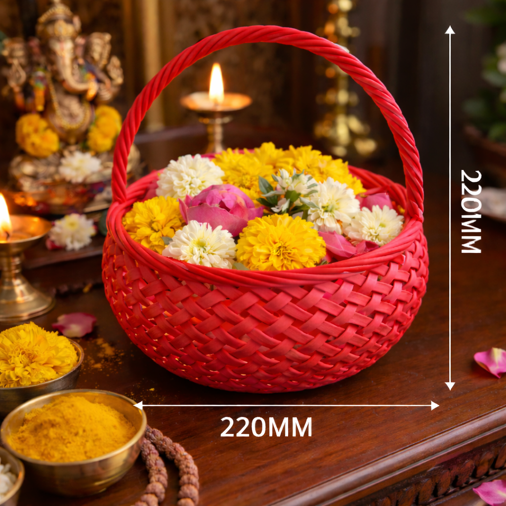 Red woven basket with flowers on a wooden table, dimensions indicated