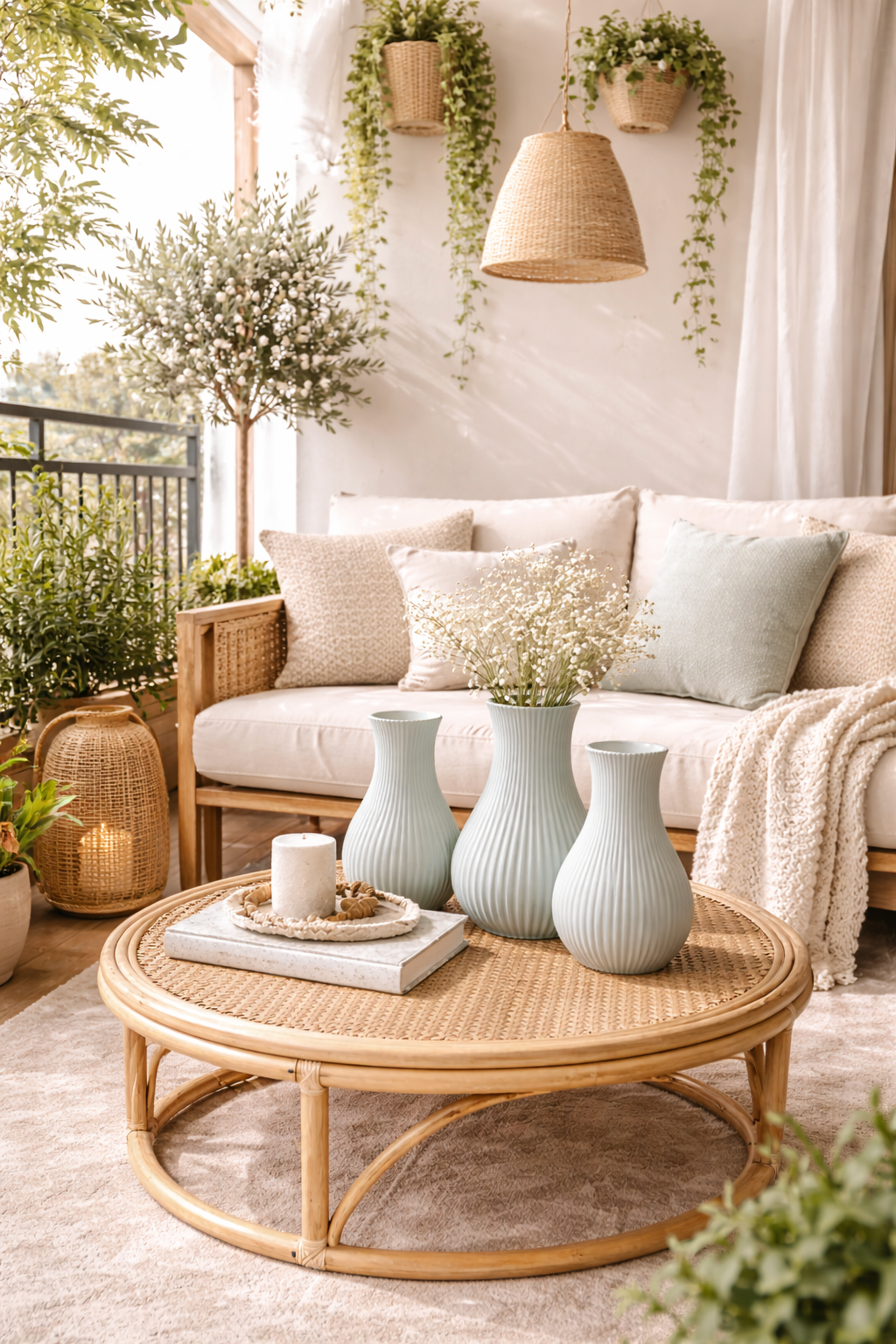 Cozy living room with a beige sofa, round wooden coffee table, and decorative vases.