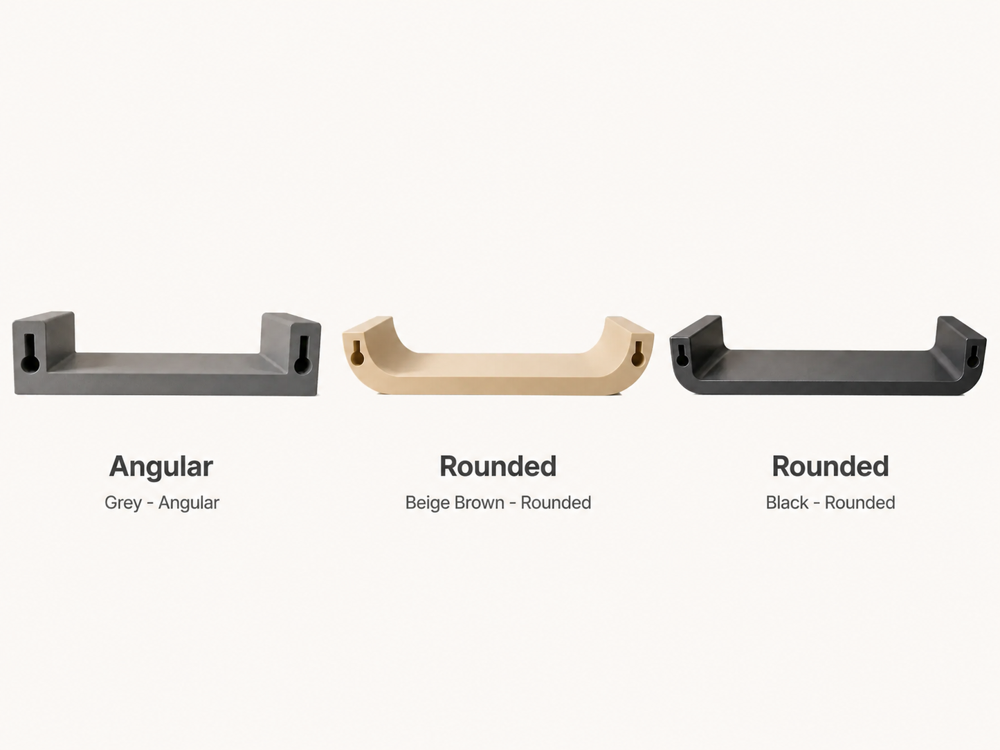 Three wall hooks in different styles and colors on a white background