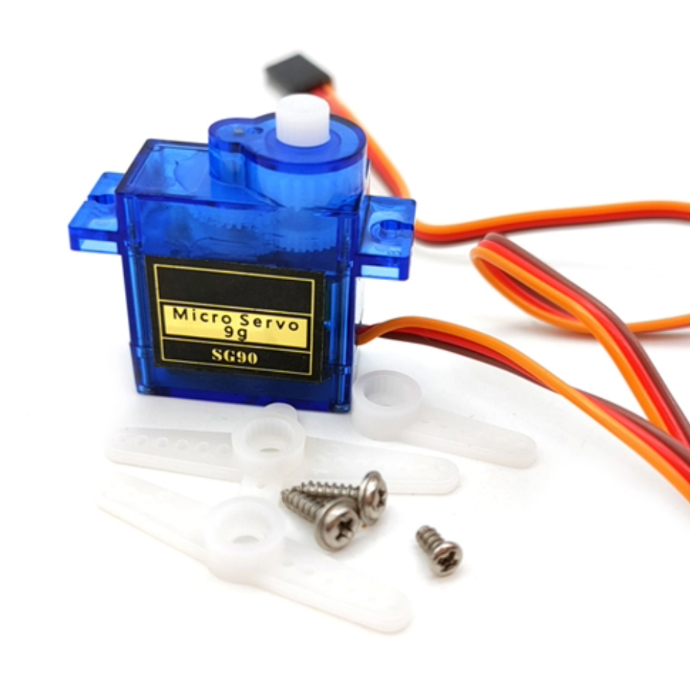 Blue servo motor with wiring and screws on a white background