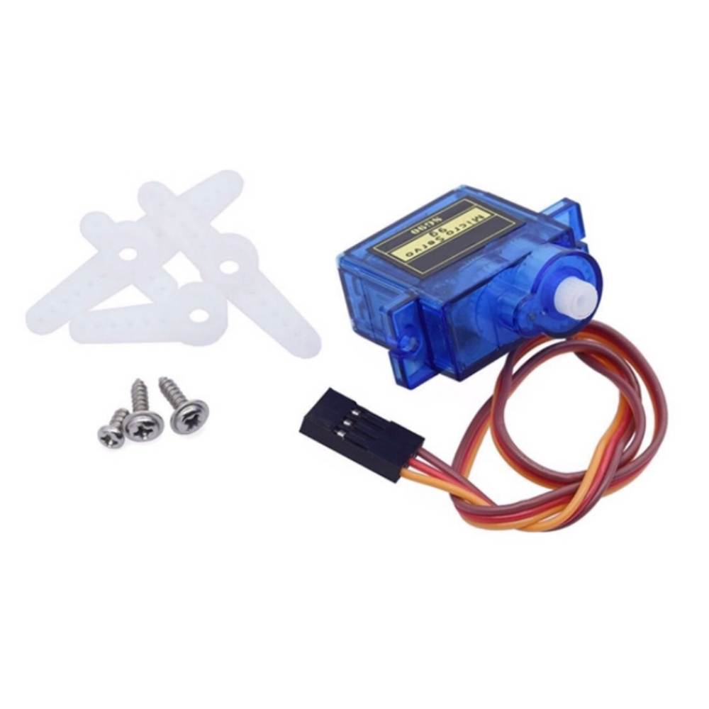 Blue servo motor with wiring and screws on a white background